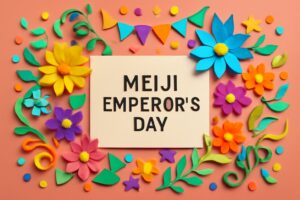 明治天皇祭（7月30日）を記念したカラフルなペーパーアート。明治天皇の業績を称える祭日としての意味と背景が表現されている。