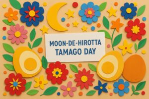 月でひろった卵の日にちなんだ和洋菓子とカラフルなモチーフが並ぶ華やかな記念日デザイン