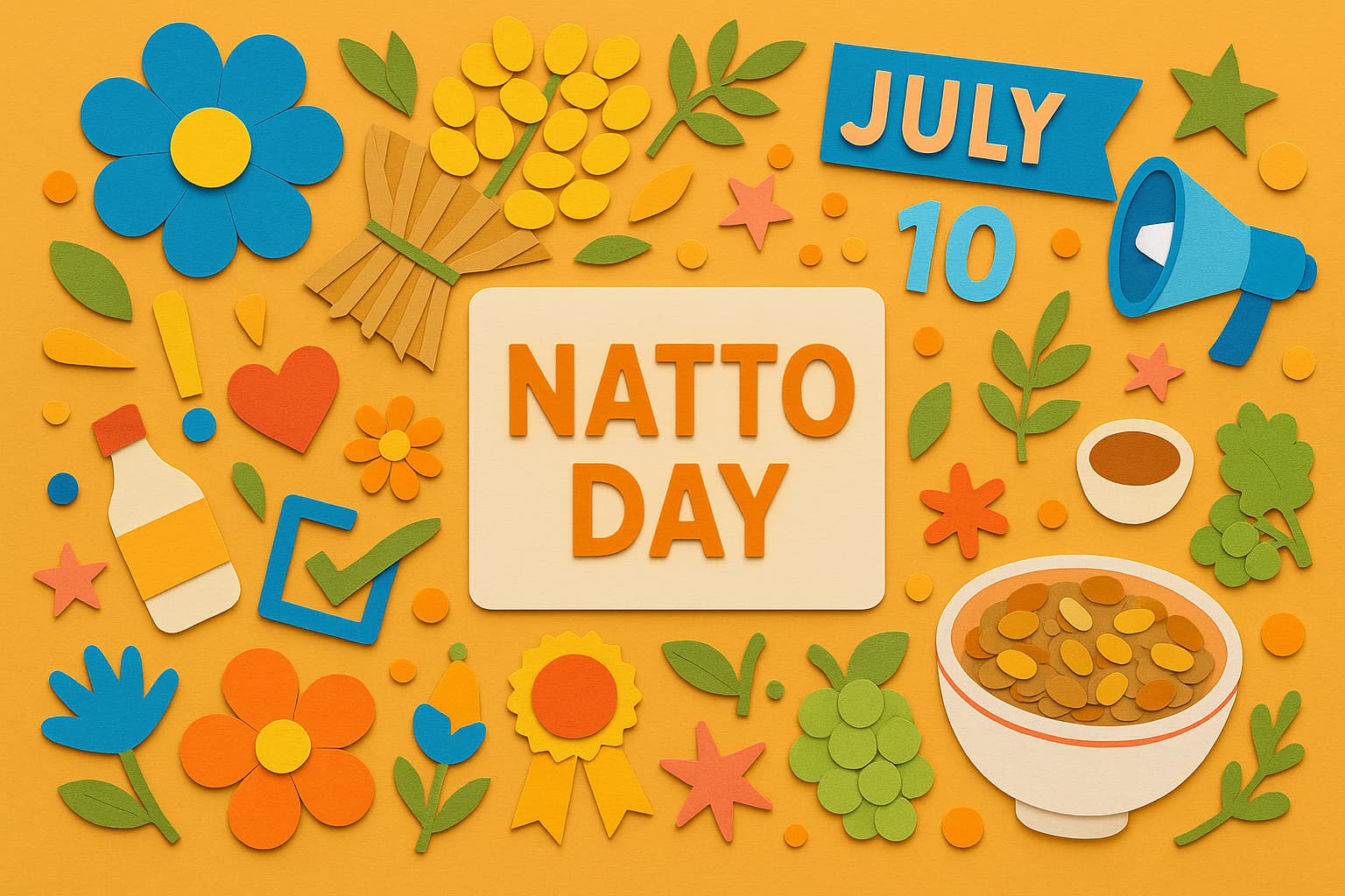 7月10日の「納豆の日」をカラフルなペーパークラフトで表現した記念日イメージ