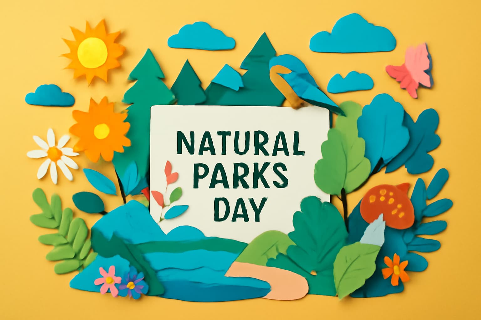 自然公園の日（7月21日）を祝う記念日で、自然を守る意識を高め、未来に向けて自然環境を大切にすることを促進するイラスト。