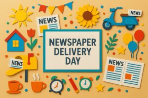 新聞配達の日に感謝を伝えるカラフルな記念日デザインと新聞の象徴モチーフ