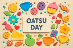 おやつの日（8月2日）の由来や意味を紹介するブログ記事に関連するサムネイル画像。カラフルなおやつのアイテムが並び、「OATSU DAY」の文字が中心に配置されたデザイン。