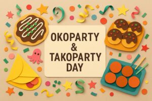 オコパー・タコパーの日をカラフルに表現したお好み焼きとたこ焼きのイラスト
