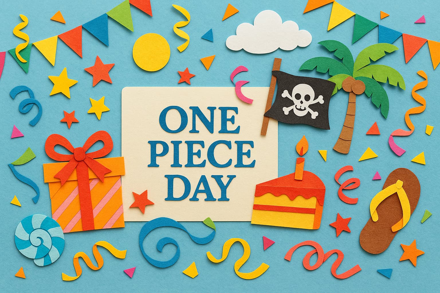 ONE PIECEの日を祝うカラフルなペーパーアートと記念日の文字