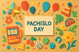 パチスロの日（8月4日）の由来や歴史、業界団体の活動と感謝の意味を伝えるカラフルで賑やかなデザイン