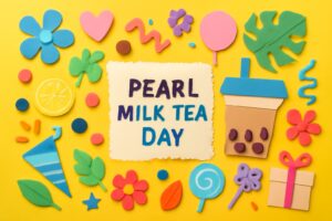 8月3日のパールミルクティーの日を祝うタピオカドリンクとカラフルな紙アート