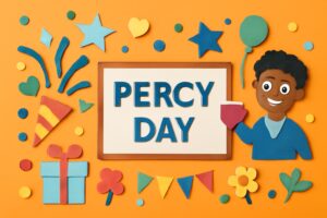 パーシーの日（8月4日）を祝うカラフルで楽しいシーン。自動販売機のキャラクター「パーシー」をテーマにしたデザイン。