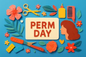 パーマの日の記念日を祝う、カラフルなヘアスタイルと美容技術に関連したビジュアル