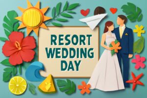 リゾートウェディングの日・リゾ婚の日の魅力を伝える、リゾート地での結婚式の特別感とロマンチックな雰囲気を表現したデザイン。