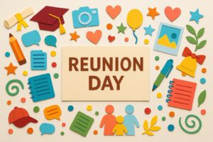 同窓会の日にちなんだ再会を祝うカラフルなペーパーアートとREUNION DAYの文字