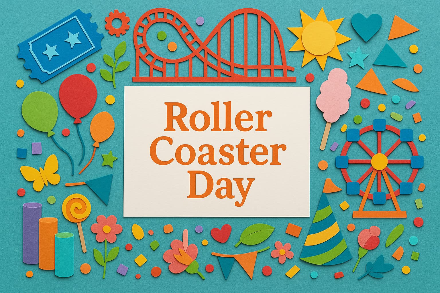 ジェットコースターの日を祝うカラフルなペーパーアート。メッセージカードに「Roller Coaster Day」の文字とジェットコースター、観覧車、風船などの装飾が並ぶ。