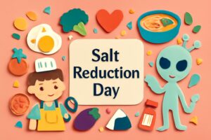 減塩の日を象徴するキャラクターと野菜や料理を用いたカラフルなペーパーアート