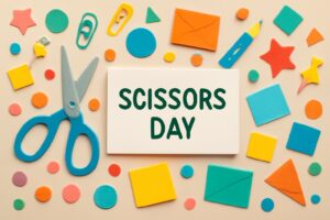 「8月3日 文具はさみの日」にちなんだ記念日として、はさみや文房具を使う楽しさを再認識し、生活の中で役立つ道具としての魅力を伝えるイメージ。