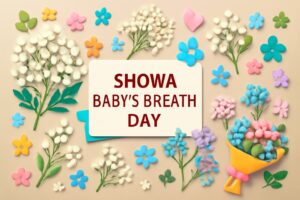 昭和かすみ草の日を祝う、昭和かすみ草の美しさと福島県昭和村の品質管理技術を強調したイラスト