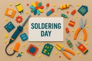 はんだ付けの日に関連する電子部品と工具が並ぶカラフルなペーパーアート