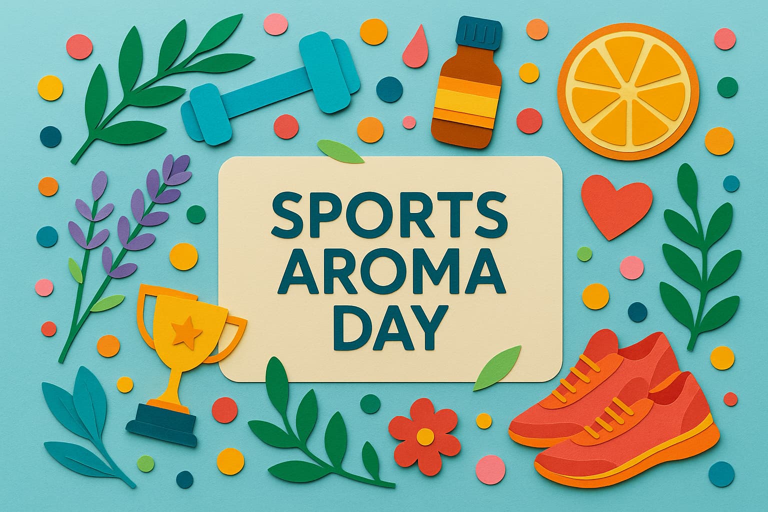 スポーツアロマの日を祝うカラフルな紙アートとアロマとスポーツの癒しを象徴するアイテム群