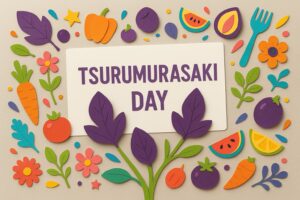 つるむらさきの日にちなんだカラフルな野菜と植物のペーパーアートデザイン