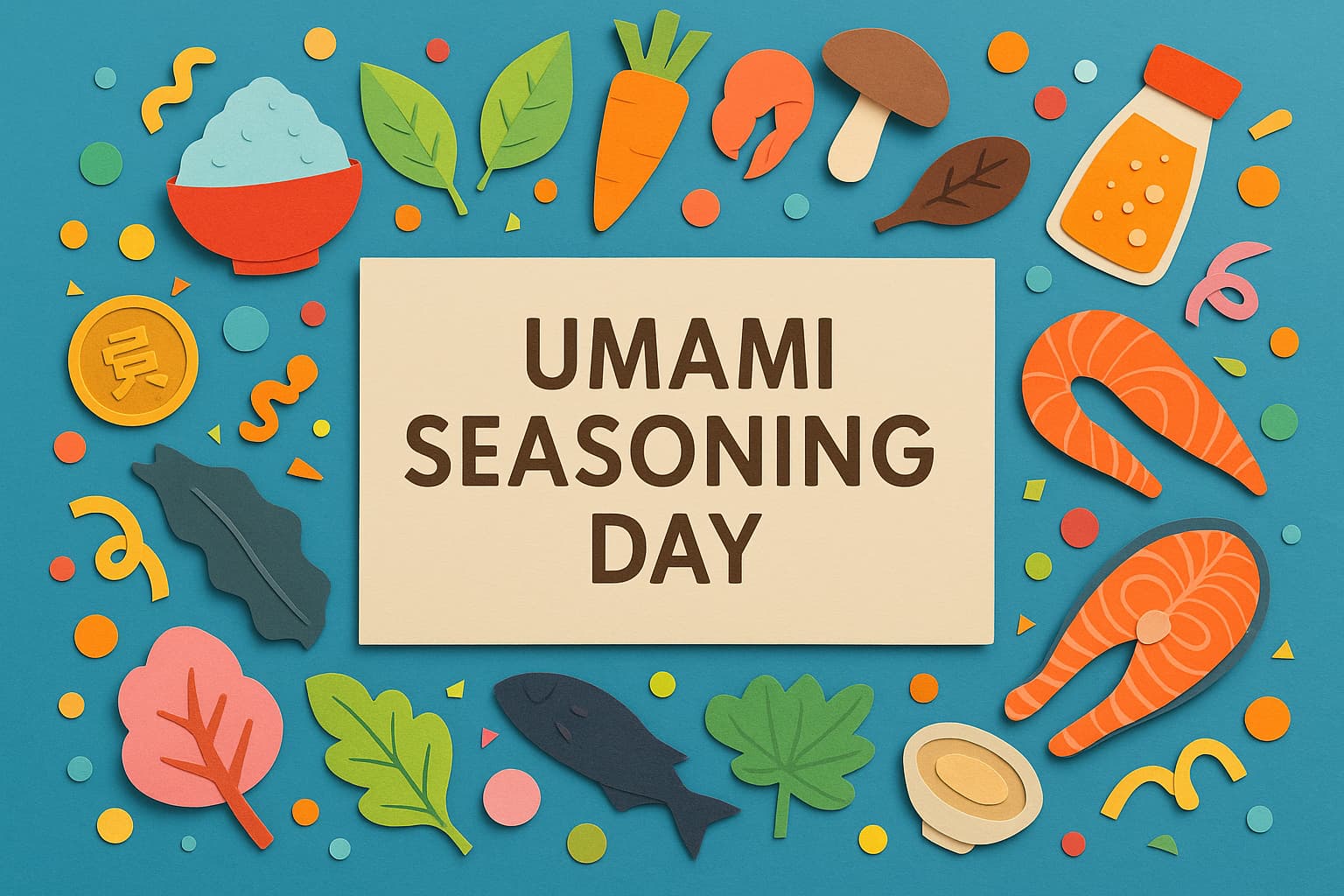 うま味調味料の日の記念日を祝うカラフルなペーパーアートと「UMAMI SEASONING DAY」の英語文字