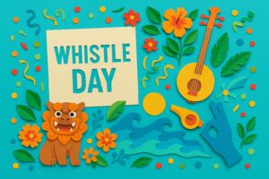 沖縄の伝統文化を象徴する指笛の日を祝うカラフルなペーパーアート。シーサー、三線、指笛、花、手のジェスチャーが紙細工で表現されている。