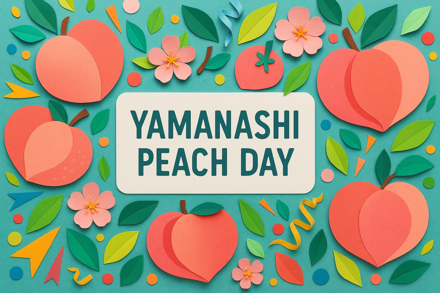 山梨の桃を祝うやまなし桃の日にちなんだカラフルなペーパークラフトと桃の装飾
