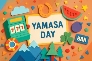 山佐の日（8月3日）の記念日を祝うカラフルな紙工作デザイン、山佐グループのパチスロ機器やブランドがテーマ。