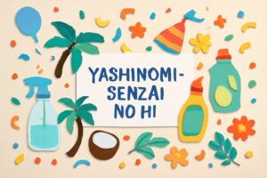 ヤシノミ洗剤の日の記念日を祝うための活動やサステナビリティに関する内容を強調したカラフルなデザイン。環境に優しい製品としてのヤシノミ洗剤を紹介するイメージ。