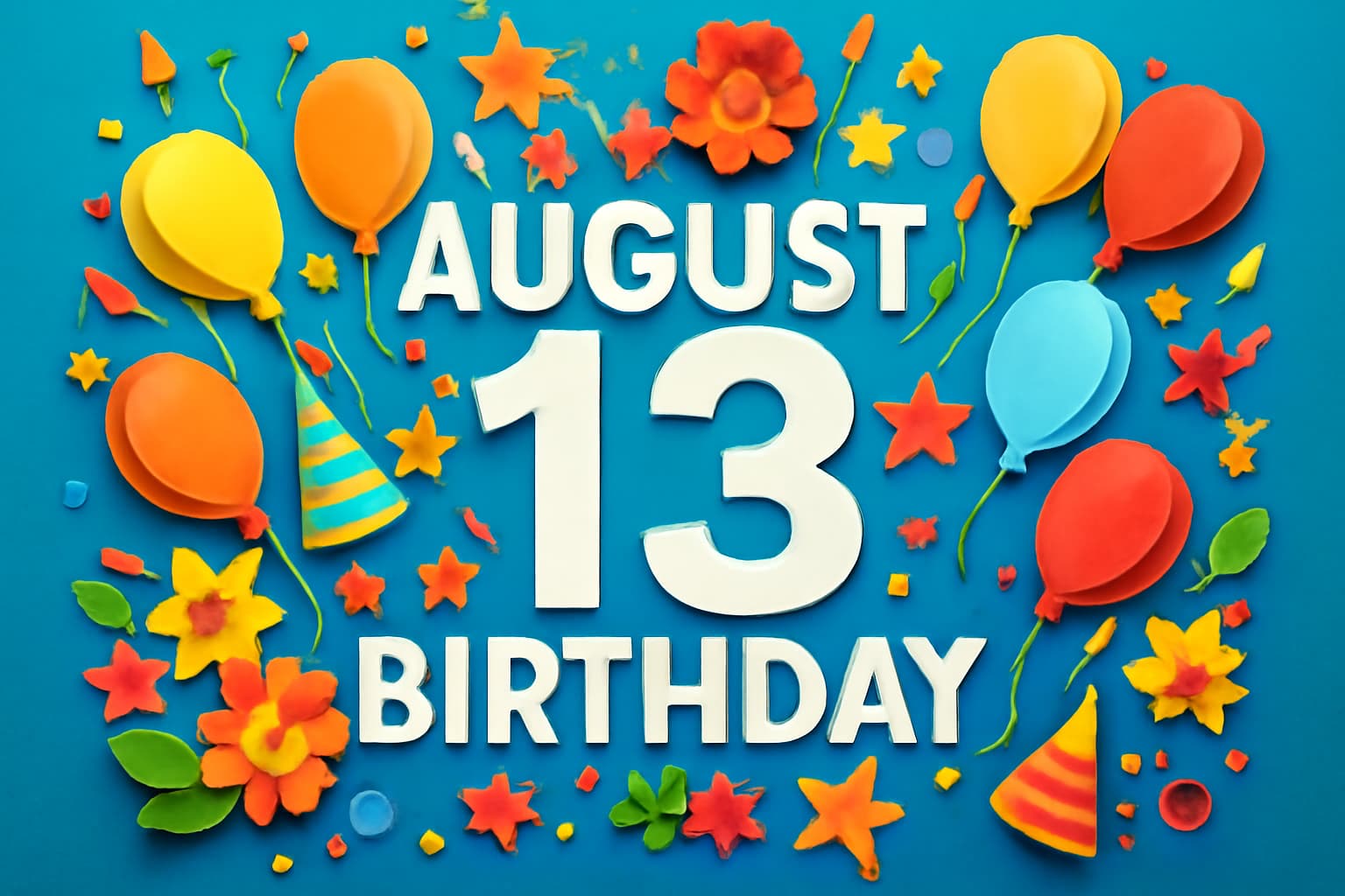 8月13日に誕生日を迎える有名人や芸能人を祝うカラフルで華やかなデザイン。誕生日を盛り上げるイベントの雰囲気を表現し、楽しい、きれい、そしてたくさんの色彩が特徴的なペーパーアートスタイルで表現されています。