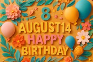 8月14日誕生日の芸能人・有名人に関する華やかで楽しいペーパーアートのイラスト。浅利陽介、片桐竜次、ローラなど、幅広いジャンルの有名人が生まれた日を祝うビジュアル。