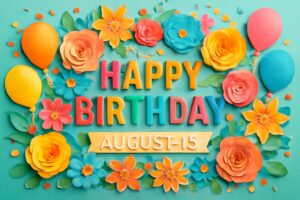 8月15日誕生日の芸能人・有名人を祝う華やかなデザイン。色鮮やかな花と風船、カラフルな「HAPPY BIRTHDAY」文字が映え、楽しく明るい印象を与えます。