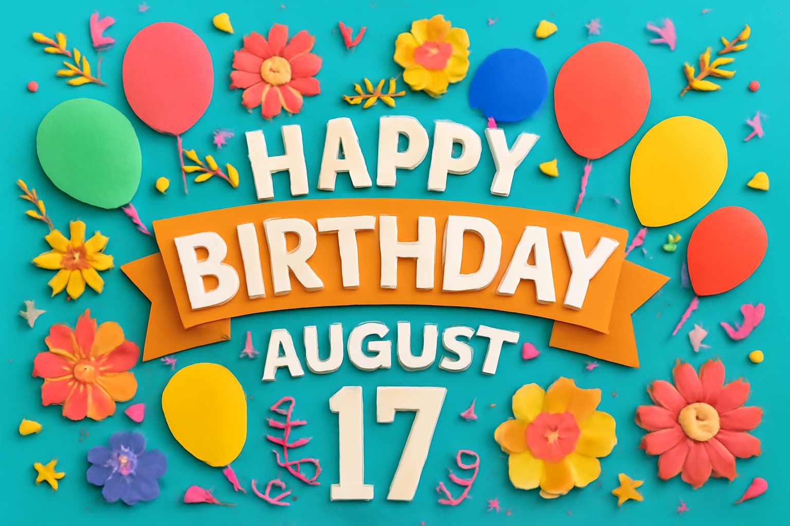 8月17日誕生日の有名人を祝う華やかなペーパーアートデザイン。誕生日のメッセージとともに色とりどりの装飾が施されている。