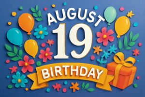8月19日誕生日の有名人を祝うカラフルなペーパーアート風デザイン。ディーン・フジオカや木村沙織など、誕生日を迎える人物たちの活躍に触れるブログ記事に関連。