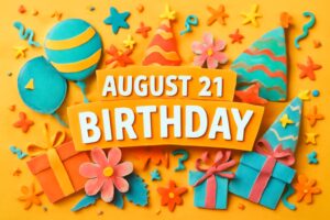 8月21日誕生日の芸能人や有名人を祝うカラフルなペーパーアート風のデザイン