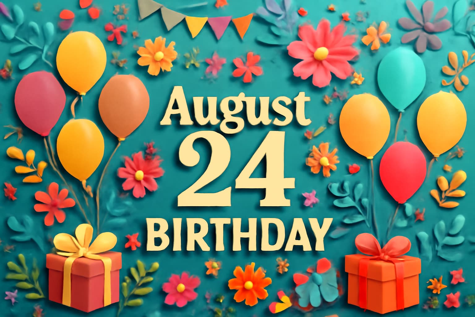 8月24日誕生日の芸能人・有名人を祝うカラフルなペーパーアート風のデザイン。誕生日の祝いと華やかな装飾で、プレゼントや風船、花などが飾られ、喜びと楽しさを表現。
