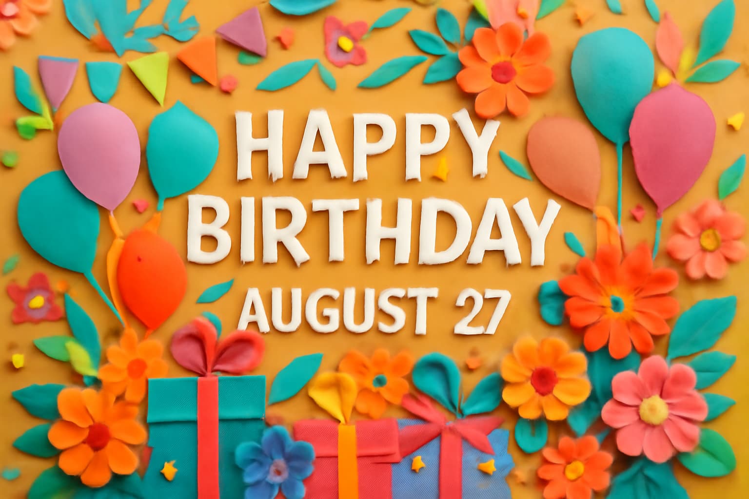 8月27日生まれの芸能人や有名人を祝う華やかな誕生日デザイン。誕生日のメッセージと共に色彩豊かな花やプレゼントが描かれており、誕生日のお祝いムードを表現。