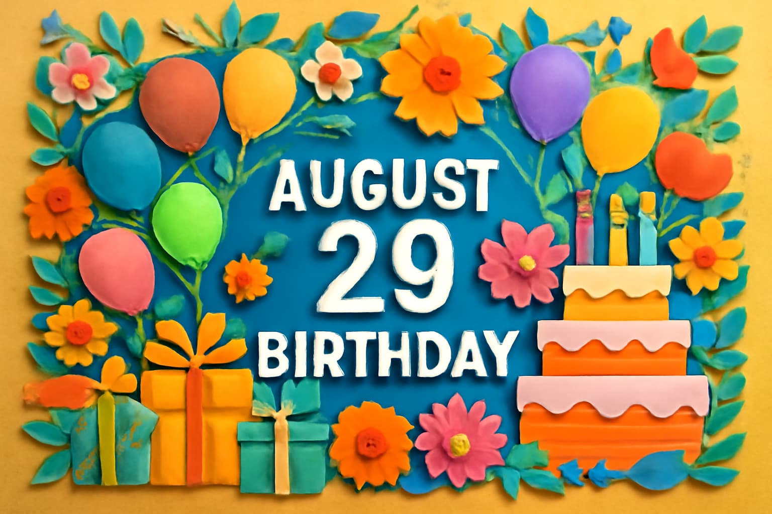 8月29日に誕生日を迎える片寄涼太、浜辺美波、マイケル・ジャクソンなどの芸能人・有名人を祝うカラフルで華やかなペーパーアート風のイラスト。