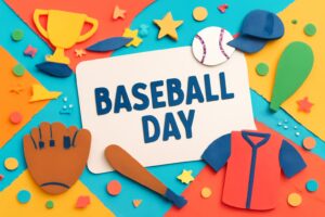 「野球の日」を祝うためのカラフルなペーパーアート。スポーツ用品や野球のアイテムが散りばめられ、夏の高校野球シーズンを象徴する鮮やかなデザイン。