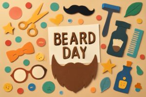 ひげの日を祝うためのカラフルで楽しいアート。ひげをテーマにしたアイテムや記念日の詳細が描かれたデザイン。