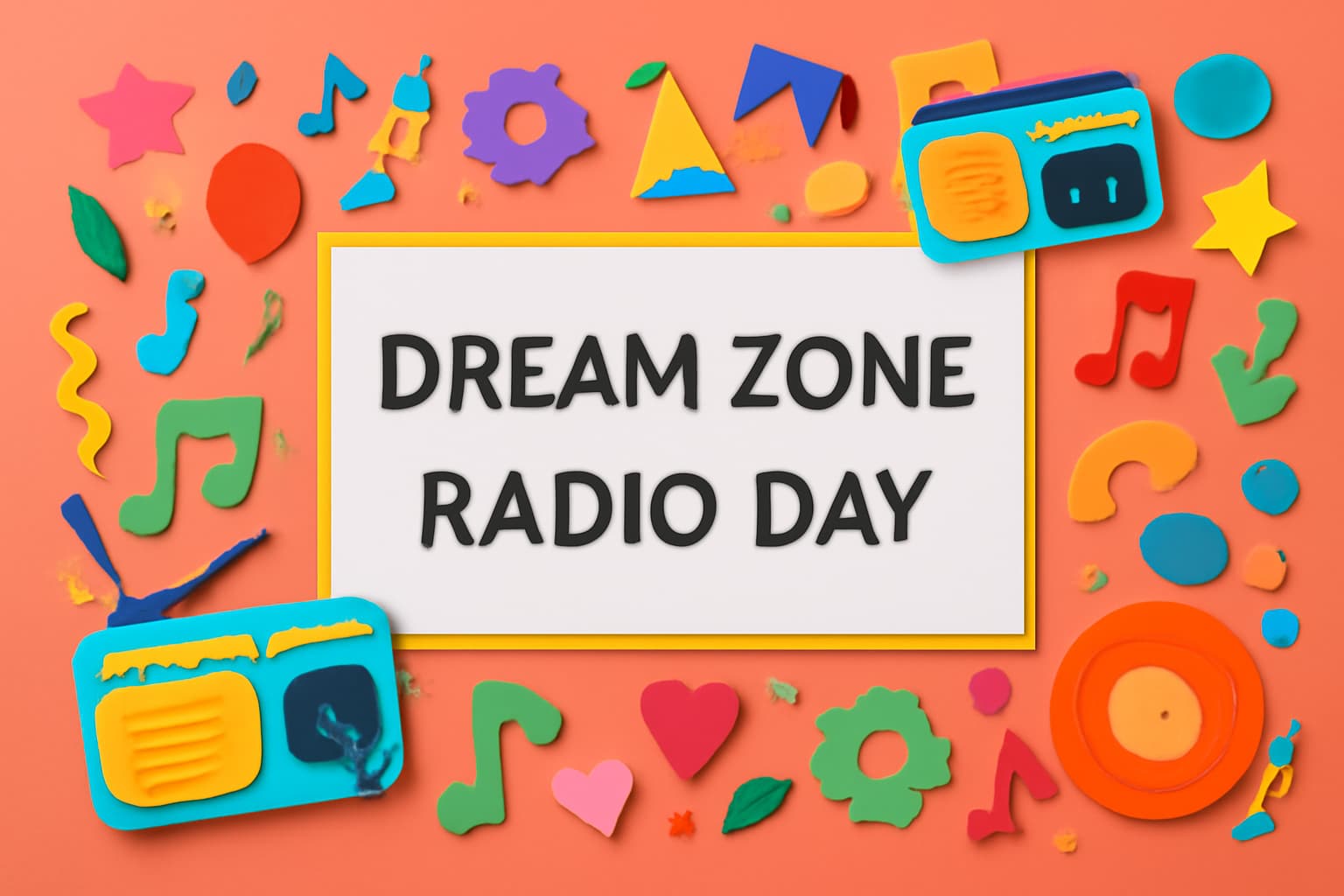 Dream Zoneのラジオを楽しむ日を象徴するカラフルなメッセージカードと音楽モチーフ