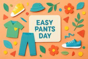 イージーパンツの日を祝うカラフルで楽しいデザイン。リラックスしたスタイルを提案するイージーパンツの魅力を引き立てる鮮やかなアイテムを背景にした記念日のデザイン。