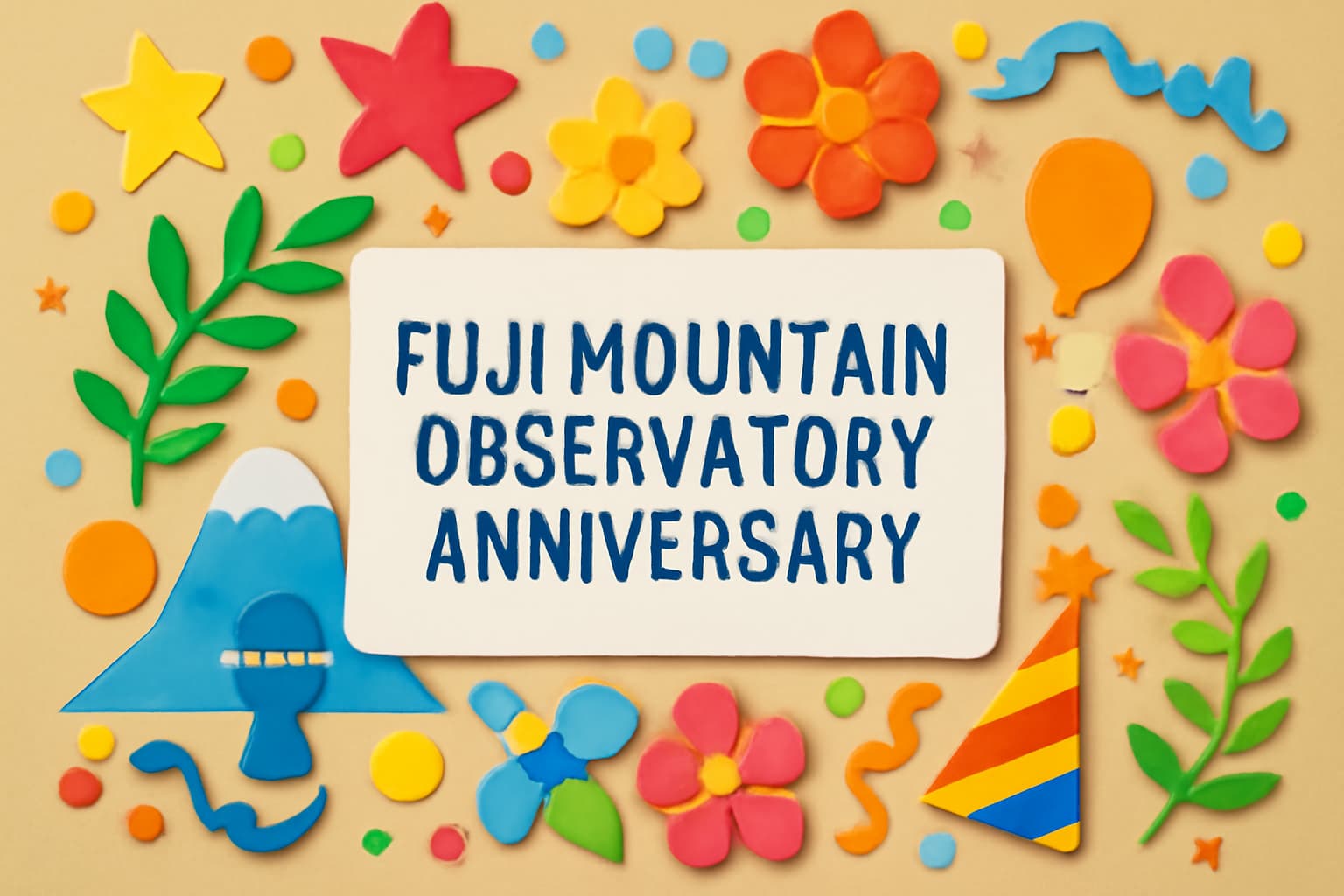 富士山測候所記念日を祝うカラフルなデザインで、気象学の発展と富士山登山の重要性を象徴するシンボル。