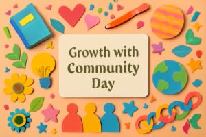 地域と共に成長の日に関する記念日と宜野湾青年会議所の活動を象徴するカラフルな紙細工のイラスト