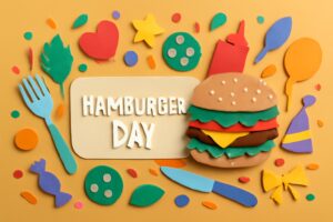 ハンバーグの日を祝うためのカラフルなデザイン、ハンバーガーと楽しいアイテムが描かれたアート作品。8月9日の記念日を祝う気持ちを表現。