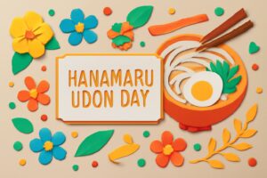 はなまるうどんの日を祝うカラフルで楽しいデザイン。讃岐うどんの特徴的なコシの強い麺とともに、うどんの日を象徴する花や装飾が描かれています。