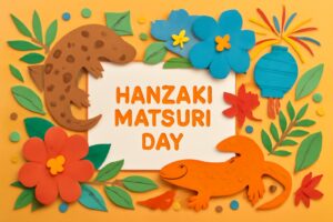 湯原町の「はんざき祭りの日」を祝うカラフルで活気あるデザイン、オオサンショウウオと花火のモチーフ。