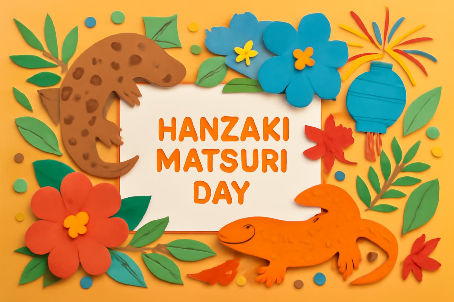湯原町の「はんざき祭りの日」を祝うカラフルで活気あるデザイン、オオサンショウウオと花火のモチーフ。