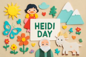 アルプスの少女ハイジの日にちなんだ記念日を祝う内容を表現した、カラフルで心温まるデザイン。ハイジの物語とそのメッセージを広めるためのイベントや活動に関連。