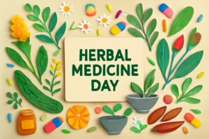 薬草の日を祝うためのカラフルで多彩な薬草と薬用植物を取り入れたデザイン。ウコンや月桃をはじめ、沖縄の薬草が強調され、健康や自然療法の重要性が表現されています。