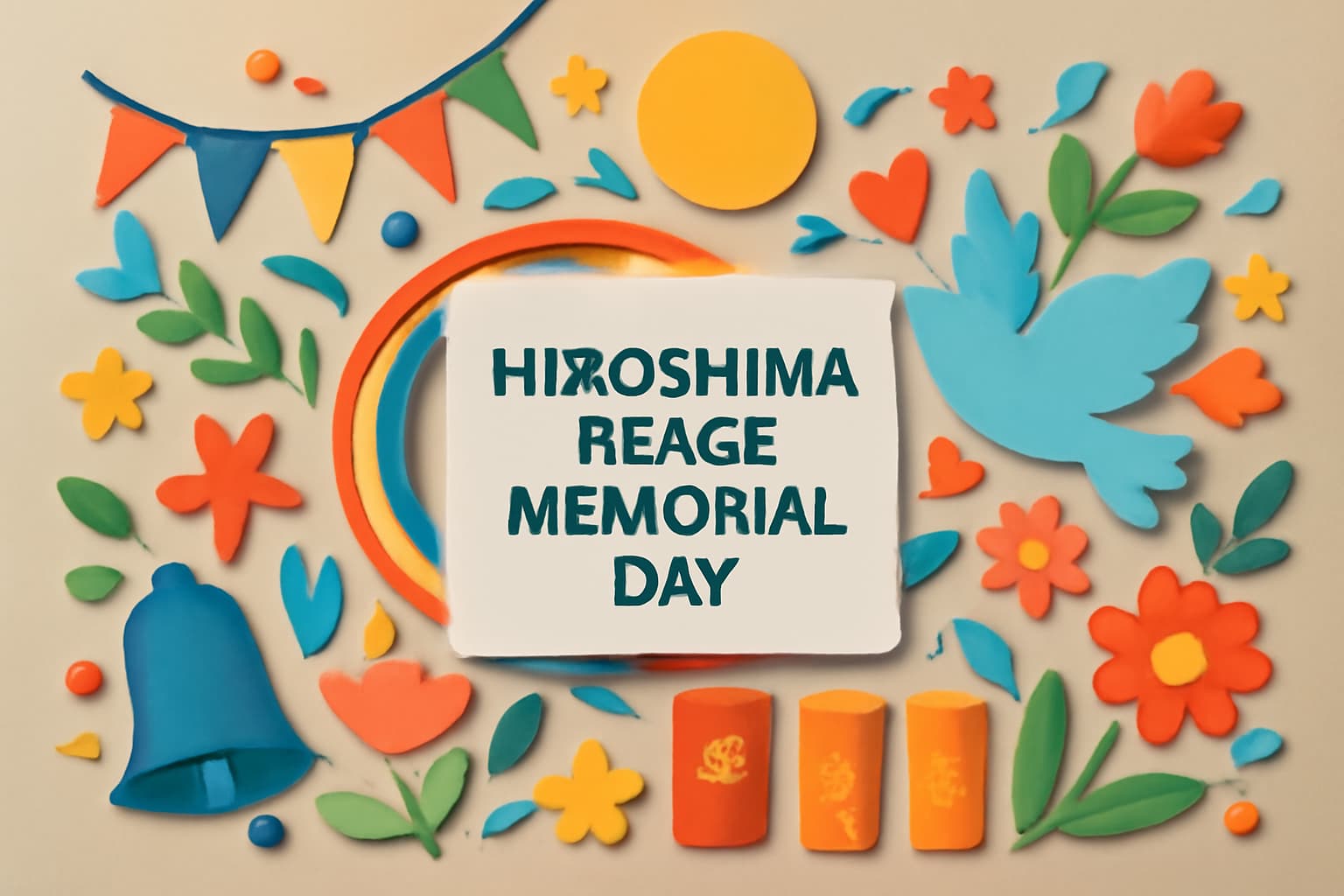 広島平和記念日（8月6日）の歴史的背景と平和への祈りを象徴するデザイン。犠牲者を悼み、恒久的な平和を願う意味が込められたカラフルなアートワーク。
