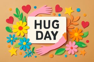 ハグの日を祝うためのカラフルなペーパーアート。ハグの重要性と愛を伝える温かいメッセージが込められたデザイン。