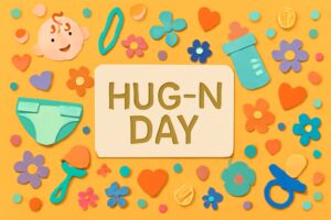 8月9日のハグ～ンの日を祝う記念日にぴったりの温かいメッセージと赤ちゃんの成長をサポートするキャラクター、ハグ～ンのテーマを反映したカラフルで心温まるデザイン。